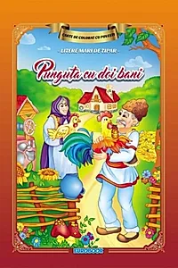 Carte de colorat cu povești scrisă cu litere mari de tipar. Punguța cu doi bani