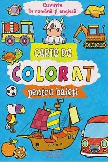 Carte de colorat pentru baieți. Cuvinte în română și engleză