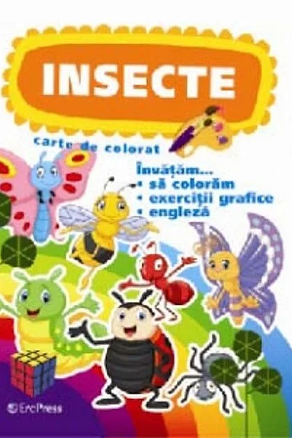 Insecte. Carte de colorat. Învățăm... să colorăm, exerciții grafice, engleză