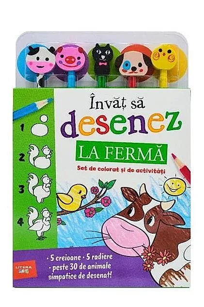 Învăț să desenez. La fermă. Set de colorat și de activități (conține 5 creioane și 5 radiere)