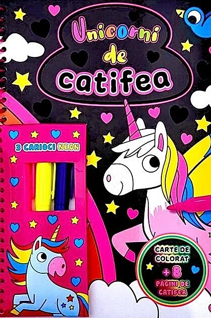 Unicorni de catifea. Carte de colorat + 3 carioci neon